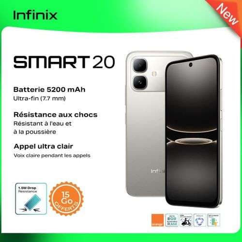 Infinix Smart 20 - 64Go + 4 Go - 6.78''- 8 MP - 5200 mAh - Gris -12 Mois Garantie